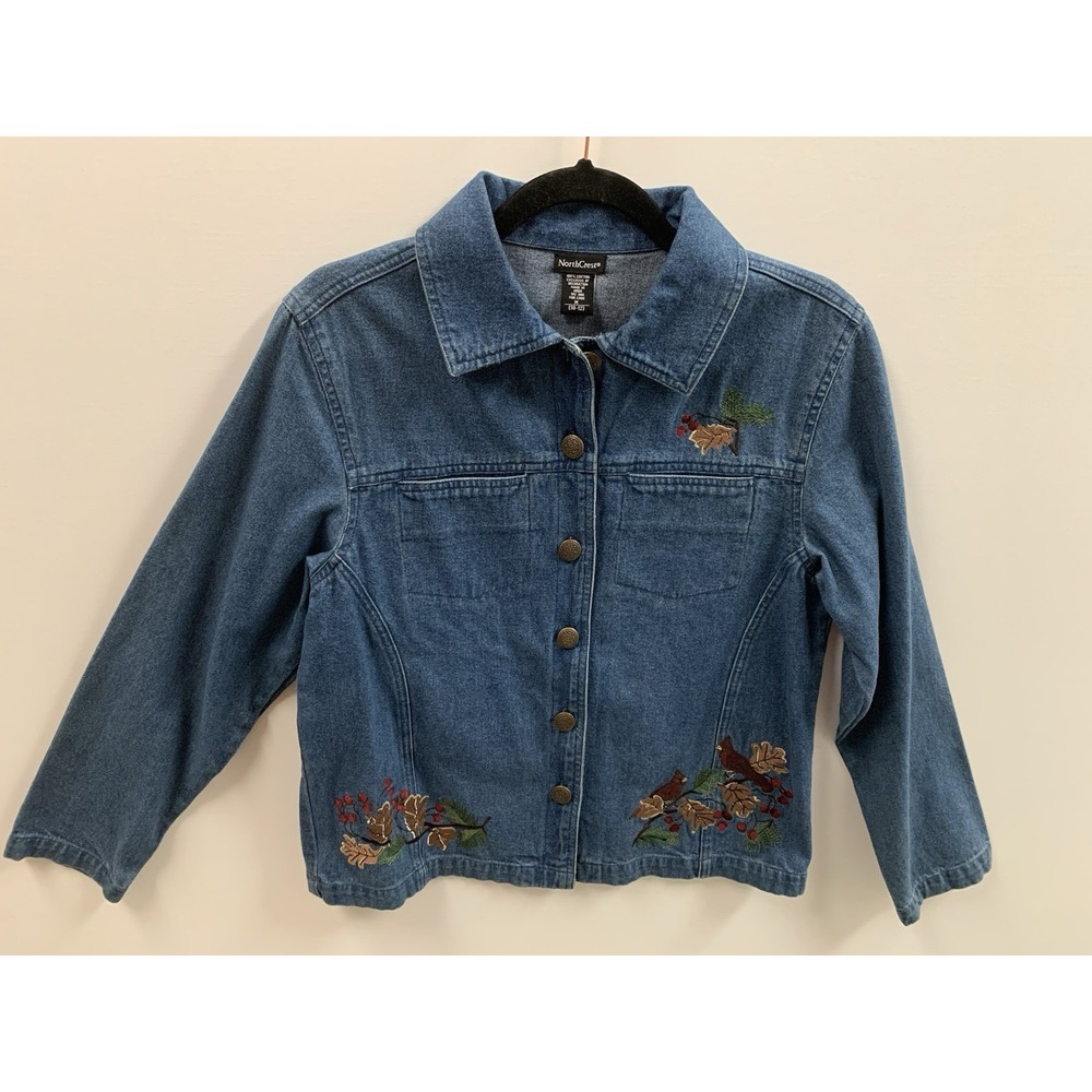 Vintage NorthCrest Denim‎ Shirt Women's Size Medium Embroidered Christmas Birds